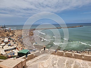 Beautiful view of the crowded beach of Rabat, Morocco.