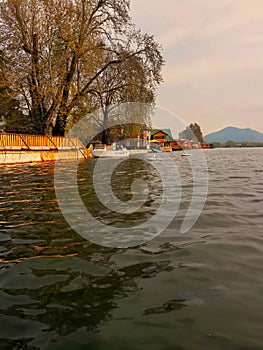 Beautiful view of Dal lake with boats and house boats at the bank of the lake in kashmir In India photo