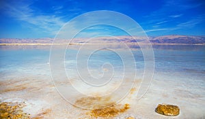 Beautiful view of  Dead Sea shore with clear water. Ein Bokek, Israel