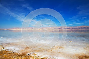 Beautiful view of Dead Sea shore with clear water. Ein Bokek, Israel