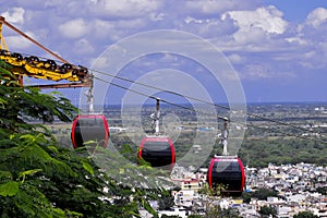 Beautiful view of dewas city and rope-way cable car, taken from the temple of Maa Chamunda and Maa Tulja bhavani, situated on the