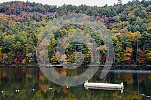 Beautiful view of a dock on the tranquil Lake Fairfield near Cashiers, North Carolina