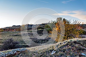 Beautiful view of Don steppe in autumn lit by setting sun