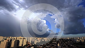 Beautiful view of dramatic dark stormy sky. The rain is coming soon. Pattern of the clouds over city.