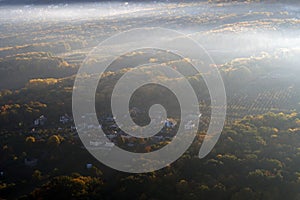 Beautiful view with drone flying above fog