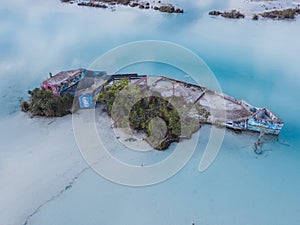 Beautiful view from drone on ship wreck in pirate canal on Bacalar lagoon