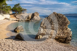 Beautiful view of empty Brela rocky beach. Makarska Riviera in Dalmatia region of Croatia.