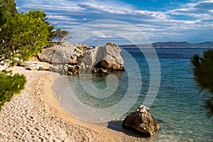 Beautiful view of empty Brela rocky beach. Makarska Riviera in Dalmatia region of Croatia