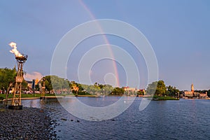 Beautiful view of Epcot during evening in Disney parks in Orlando Florida USA photo