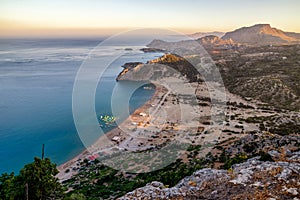 Beautiful view on the evening greek country with Aegean sea from old Panagia Tsambika monastery which is on top of the hill in