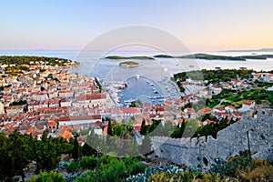 Beautiful view of evening harbor in Hvar town
