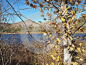 Beautiful view of Eymir lake. Hills and calm forest. Eymir Lake, Ankara, Turkey