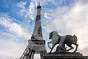 Beautiful view of the famous Eiffel Tower in Paris, France during magical sunset