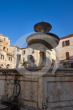 Beautiful view of famous Piazza del Comune with historic fountain figuring three lions and ancient palaces photo