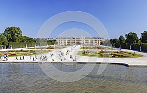 Beautiful view of famous Schonbrunn Palace with Great Parterre garden in Vienna