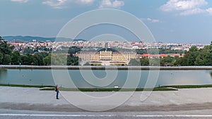 Beautiful view of famous Schonbrunn Palace timelapse with Great Parterre garden in Vienna, Austria