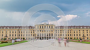 Beautiful view of famous Schonbrunn Palace timelapse hyperlapse with Great Parterre garden in Vienna, Austria