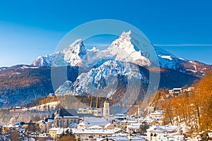 Beautiful view of famous Watzmann mountain peak on a cold day in winter