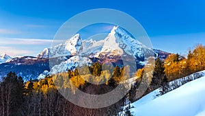 Beautiful view of famous Watzmann mountain peak on a cold sunny day in winter