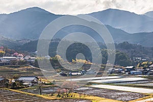 Beautiful view of farm valley at Magome juku, Kiso valley, Japan