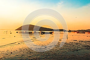 Beautiful view of fishing boats in the sea near a shore at sunset