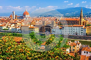 Beautiful view on Florence on bright summer day. Cathedral of Santa Maria del Fiore in Italy. Duomo of Florence