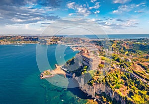 Beautiful view from flying drone of Aragonese Castle of Baia, Italy, Europe.
