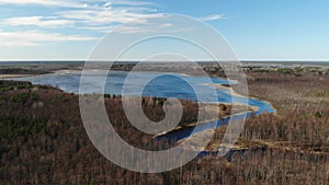 beautiful view of the forest lake river. Autumn spring. Aerial view. Clear sky