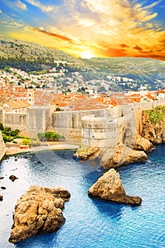 Beautiful view of the fortress wall and the gulf of the historic city of Dubrovnik, Croatia