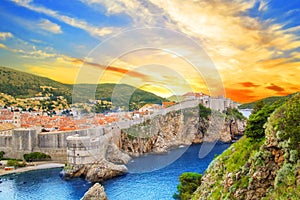 Beautiful view of the fortress wall and the gulf of the historic city of Dubrovnik, Croatia