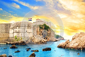 Beautiful view of the fortress wall and the gulf of the historic city of Dubrovnik, Croatia