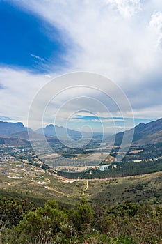 Beautiful view of Franschhoek tourist town in mountain valley