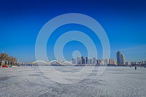 Beautiful view of frozen Songhua river during winter time in Harbin, China