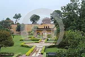 Beautiful view of the garden of amber fort in Jaipur, India,