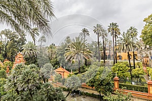 Beautiful view of the gardens of the alcazar in Seville Spain