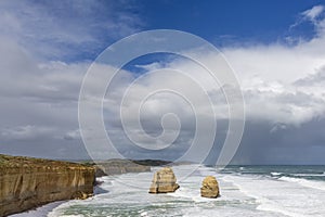 Beautiful view of the Gibson Steps against a dramatic sky in the area of the Twelve Apostles, Great Ocean Road, Australia