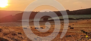 Beautiful view of the golden field at sunset with hay bales.