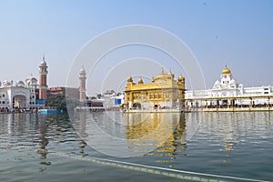 Beautiful view of Golden Temple (Harmandir Sahib) in Amritsar, Punjab, India, Famous indian sikh landmark, Golden Temple