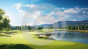The dream golf course consists of beatiful large putting green, fairway, bunker and water.