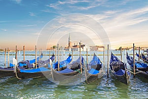 Beautiful view of the gondolas and the Cathedral of San Giorgio Maggiore, on an island in the Venetian lagoon, Venice, Italy