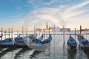 Beautiful view of the gondolas and the Cathedral of San Giorgio Maggiore, on an island in the Venetian lagoon, Venice, Italy