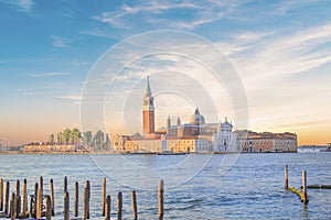 Beautiful view of the gondolas and the Cathedral of San Giorgio Maggiore, on an island in the Venetian lagoon, Venice, Italy