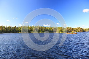 Beautiful view of gorgeous nature landscape. Blue lake water and green forest on blue sky background. Sweden.