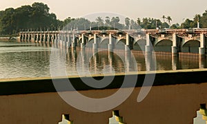 Beautiful view of the Grand aged dam of Kallanai constructed by king karikala chola with granite stone.