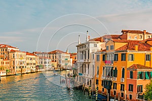 Beautiful view of Grand Canal in Venice,Italy from Accademia bridge with gondolas during sunrise