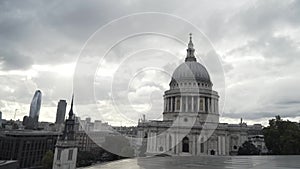 A beautiful view of the great dome of Saint Paul`s Cathedral in the City of London. Action. St Paul`s cathedral is the