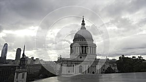 A beautiful view of the great dome of Saint Paul's Cathedral in the City of London. Action. St Paul's cathedral