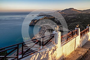 Beautiful view on the greek country with Aegean sea from old Panagia Tsambika monastery which is on top of the hill in Rhodes