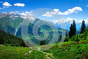 Beautiful view on green georgian mountain valley in Svaneti