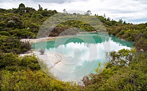 Beautiful view of Green lake in Whakarewarewa the living Maori village of Rotorua, New Zealand.